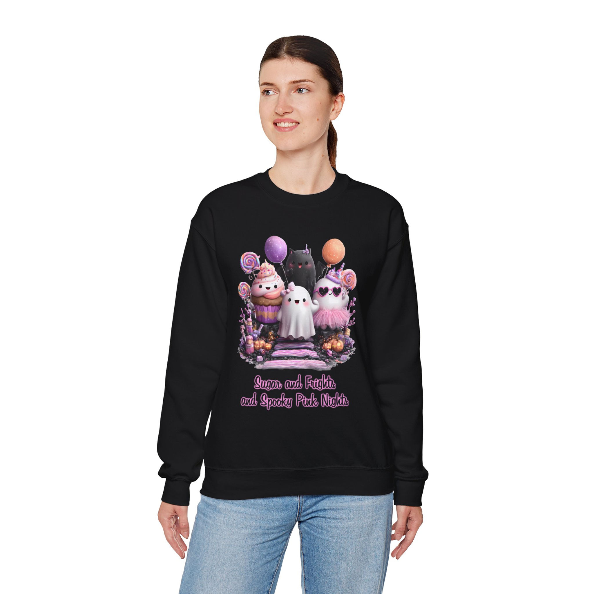 Woman wearing Bubble Toil and Trouble Crewneck Unisex Sweatshirt, Halloween Party Wear with Halloween graphics.