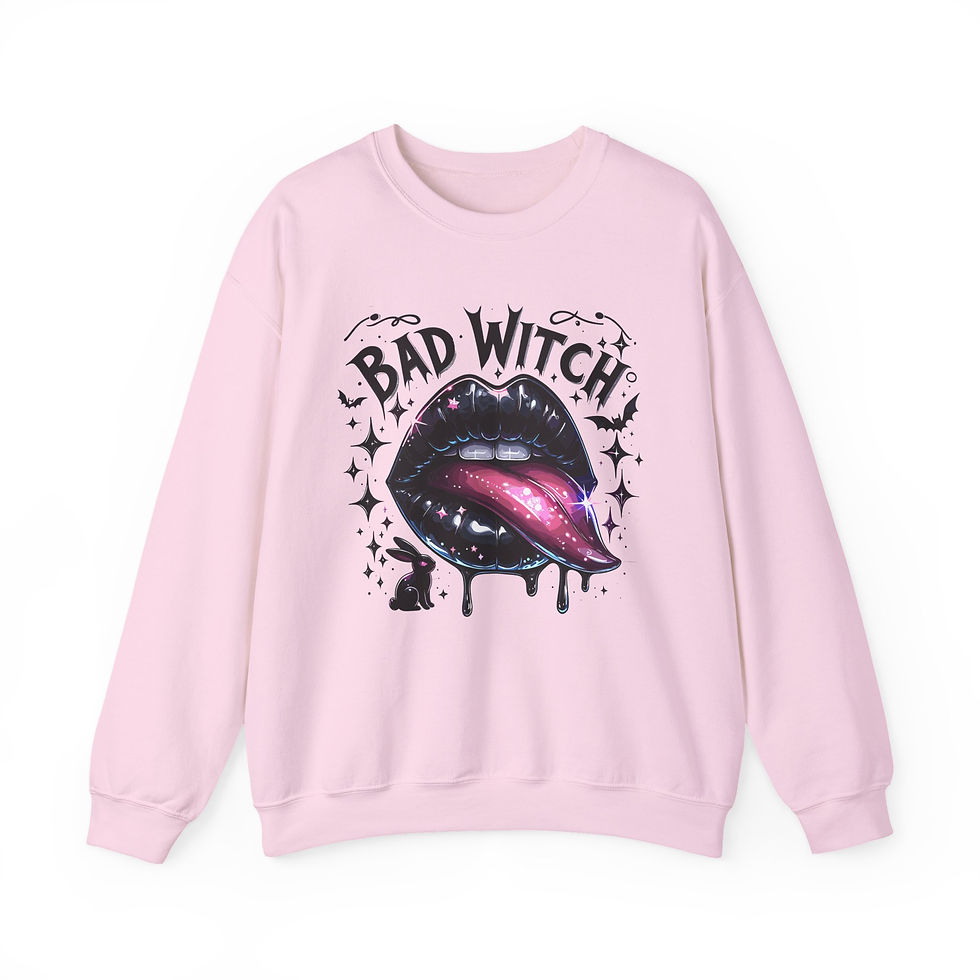 Thumbnail: Pink sweatshirt with "BAD WITCH" graphic featuring lips and tongue design.