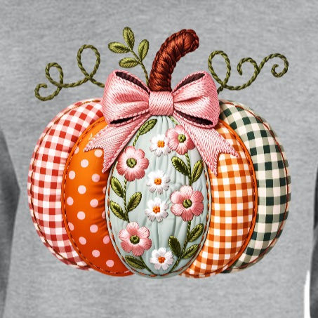 Embroidered Look Pumpkin Sweatshirt Printed in USA |Gildan 18000