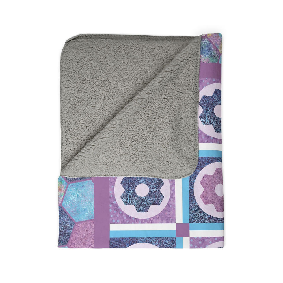 Thumbnail: Folded blanket with purple, blue, and gray gear pattern; cozy, soft texture shown.