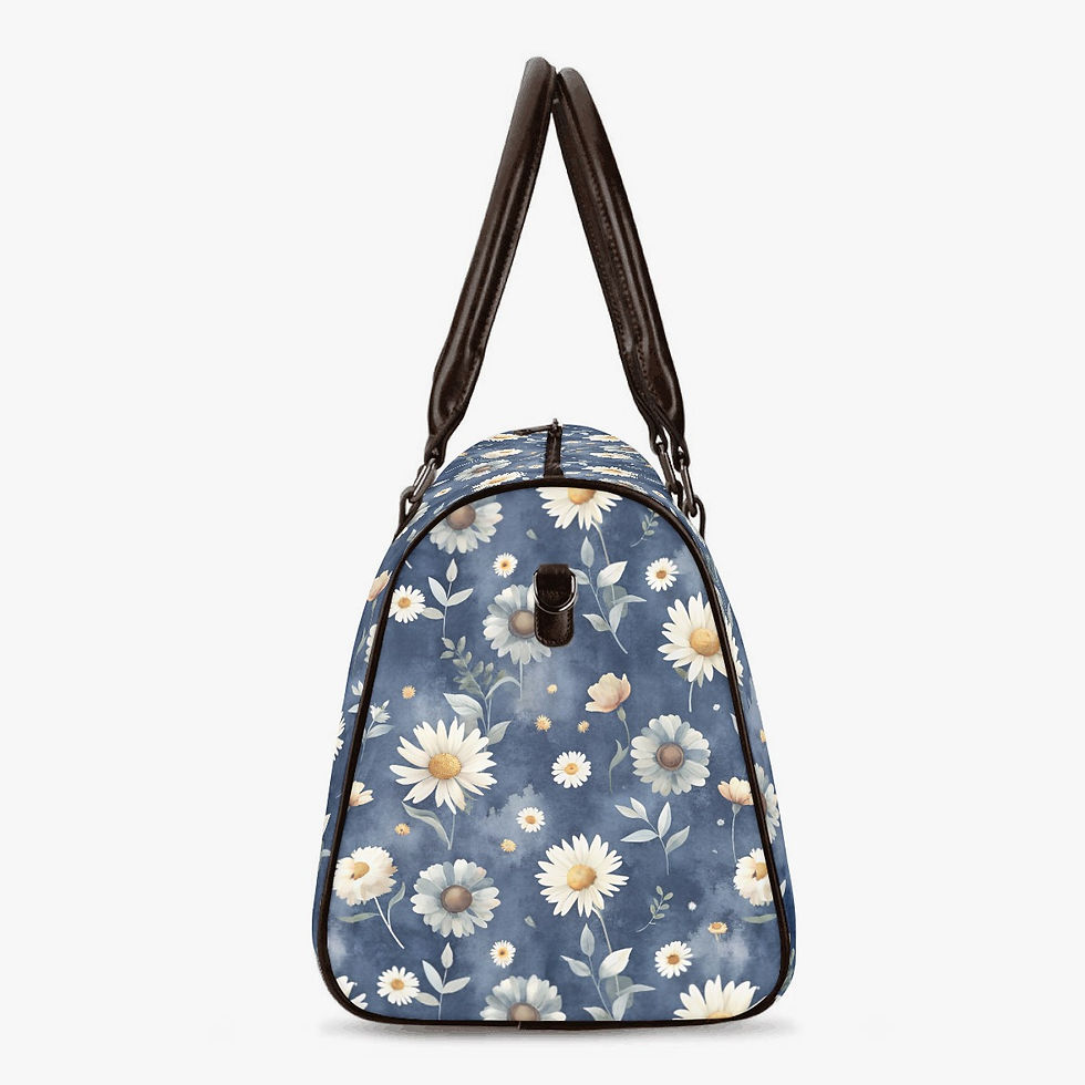 Floral pattern travel bag with dark brown handles, daisy print background.