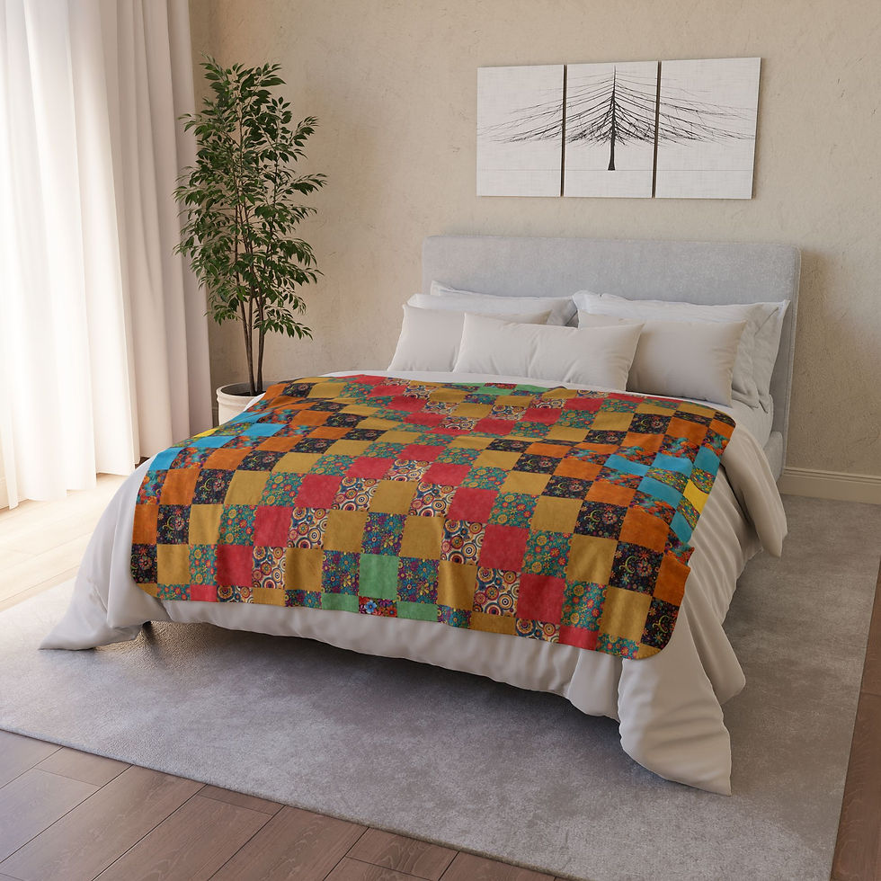Thumbnail: Cozy bed with Colorful Squares on Confetti - Fleece Sherpa Blanket in a bright room.