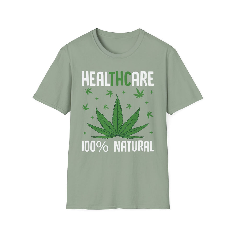 Thumbnail: Green t-shirt with text: Healthcare, 100% Natural, and cannabis leaves.