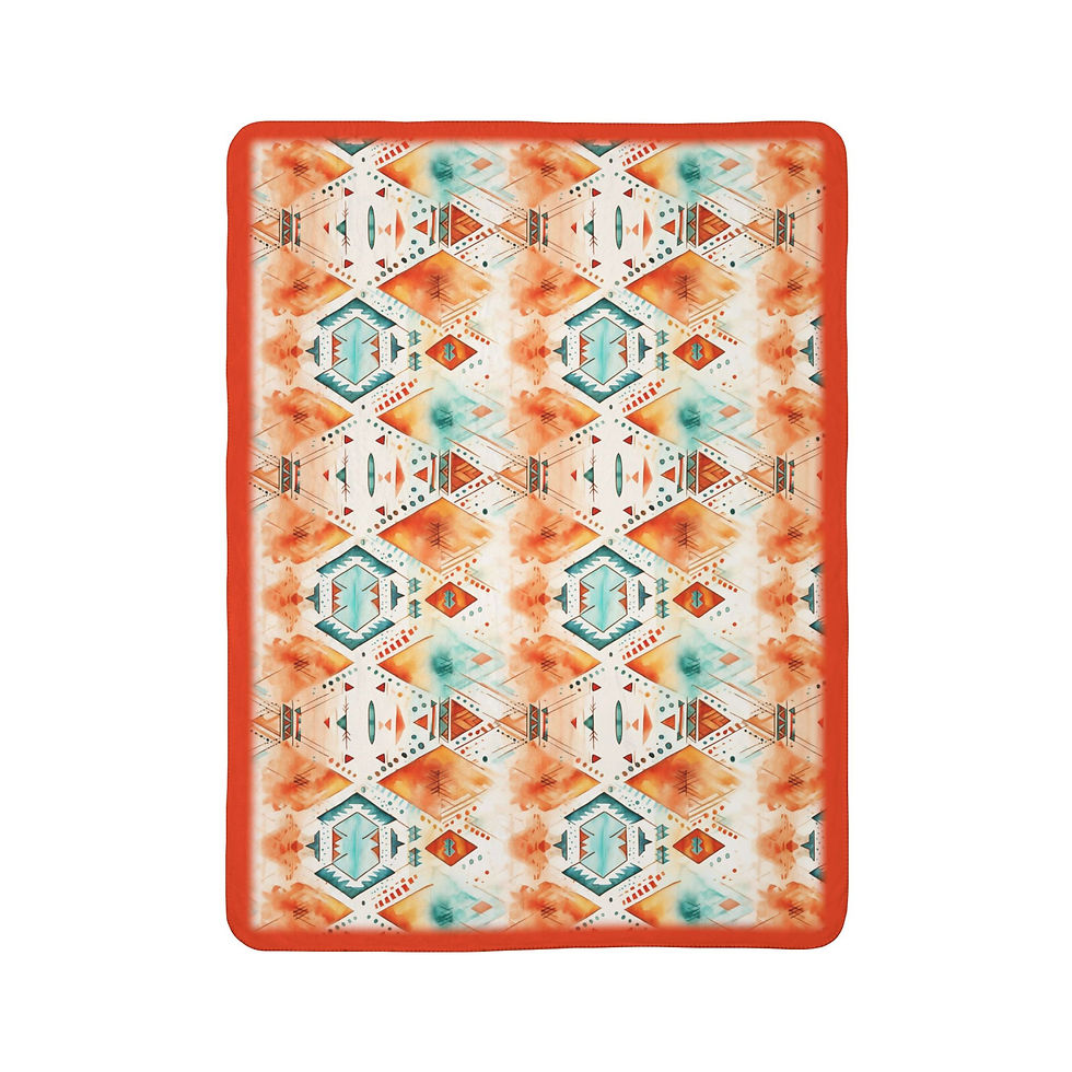Thumbnail: Geometric pattern blanket with orange border and tribal design against white background.