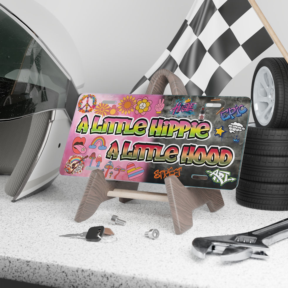 Thumbnail: License plate says: A Little Hippie, A Little Hood, with racing flag.