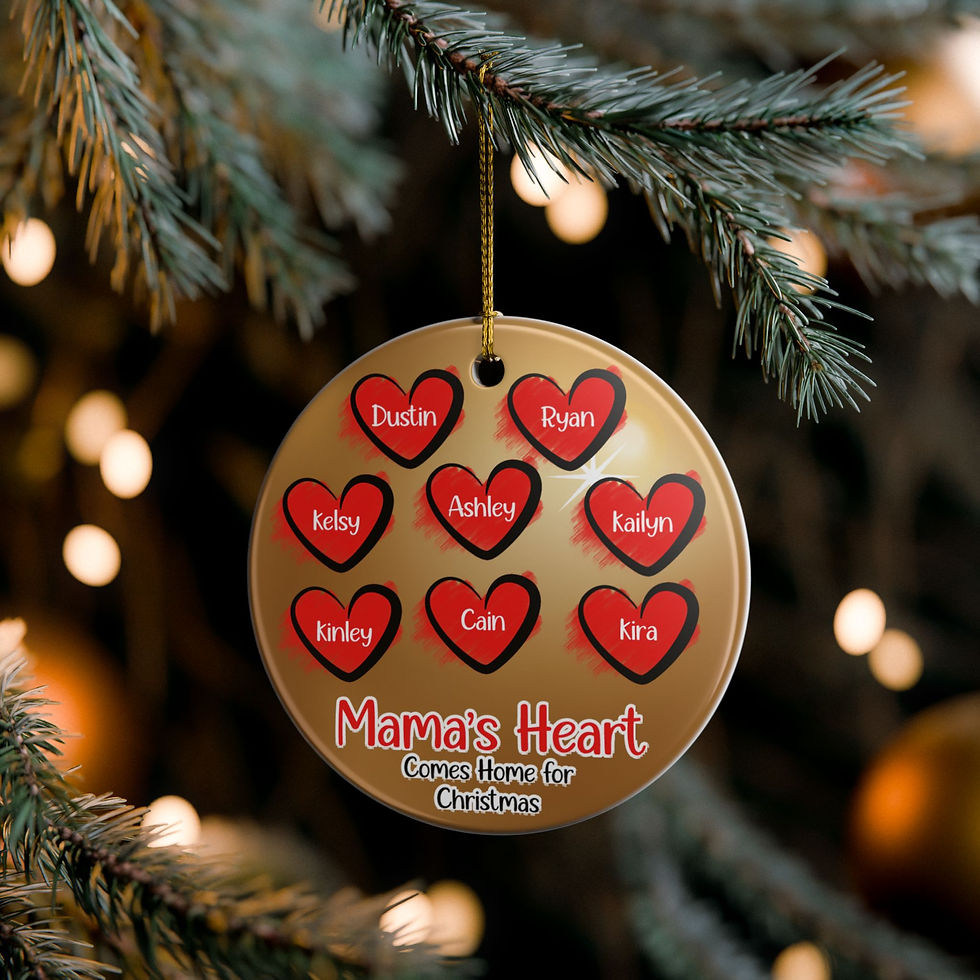Thumbnail: Mama's Heart ornament with names: Dudley, Ryan, Katie, Cain, Kira, Ashley, and others.