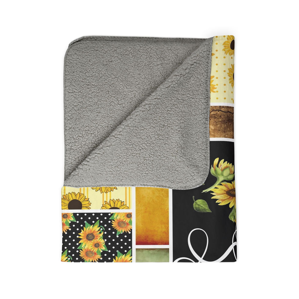 Sunflower blanket with various sunflower patterns, black background and white text.