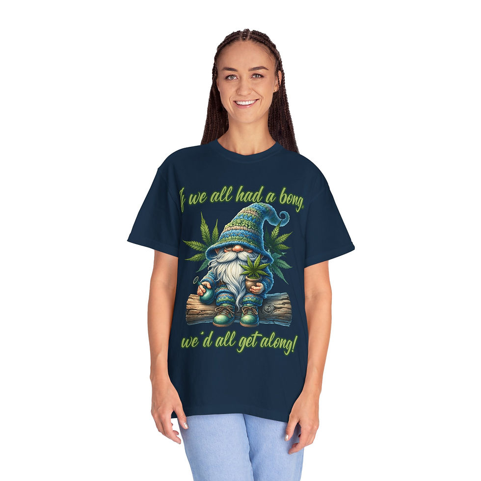 Thumbnail: Woman wearing dark blue shirt with gnome holding weed, 