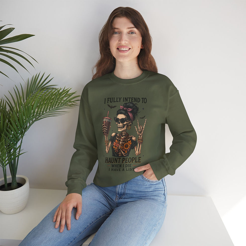 Thumbnail: Woman wearing olive green sweatshirt with text and skeleton design smiling indoors