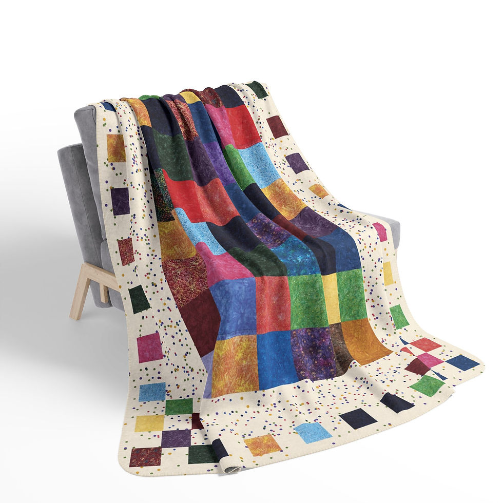 Thumbnail: Colorful Squares on Confetti - Fleece Sherpa Blanket draped over gray chair, cozy scene.