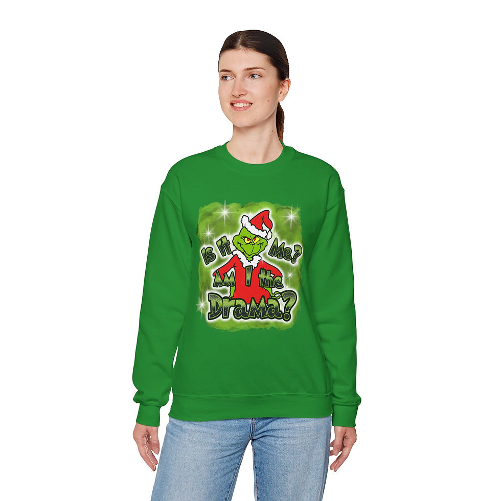 Thumbnail: Woman wearing green sweatshirt with Grinch graphic, "Is it too late to be naughty?"