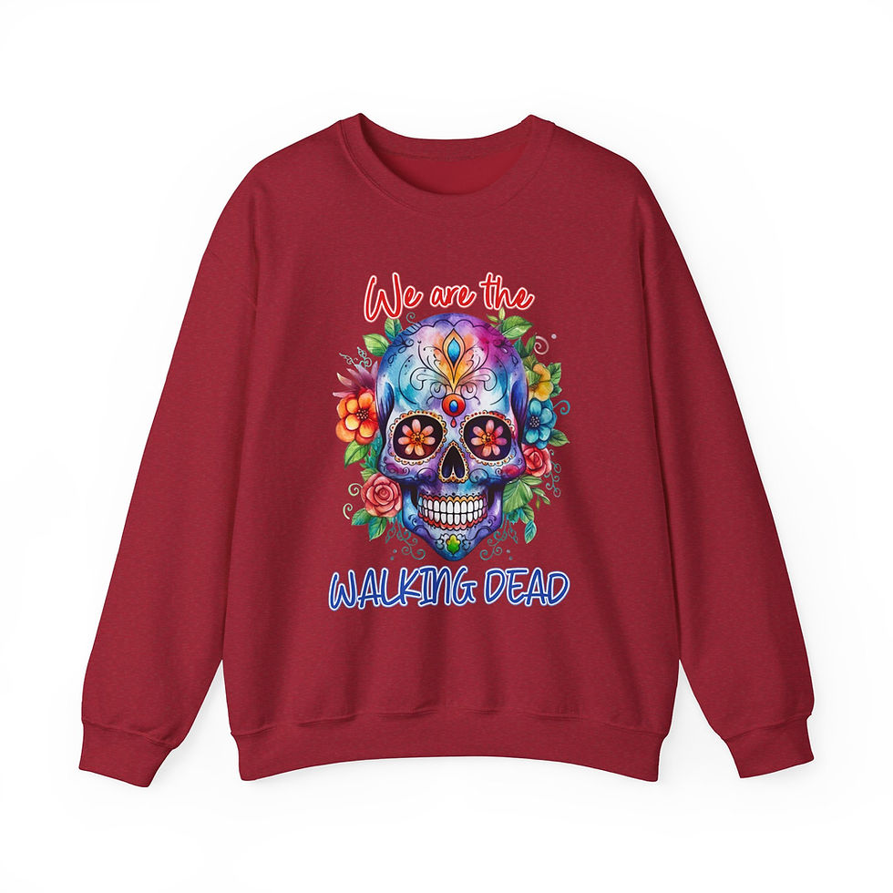 Thumbnail: Red sweatshirt featuring colorful skull design and words: We are the Walking Dead.