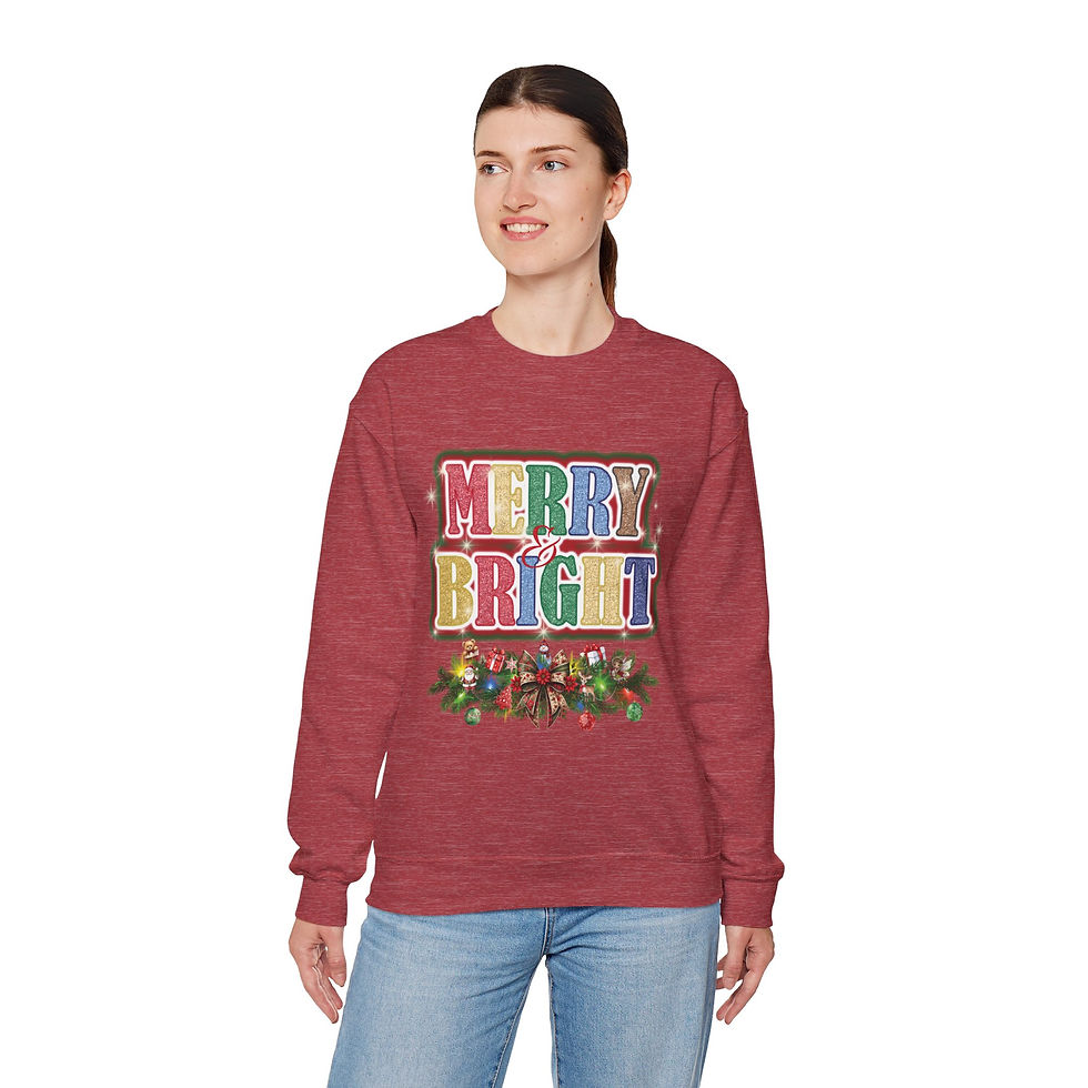 Thumbnail: Woman wearing Merry & Bright Christmas sweatshirt, pastel glitter patterns.