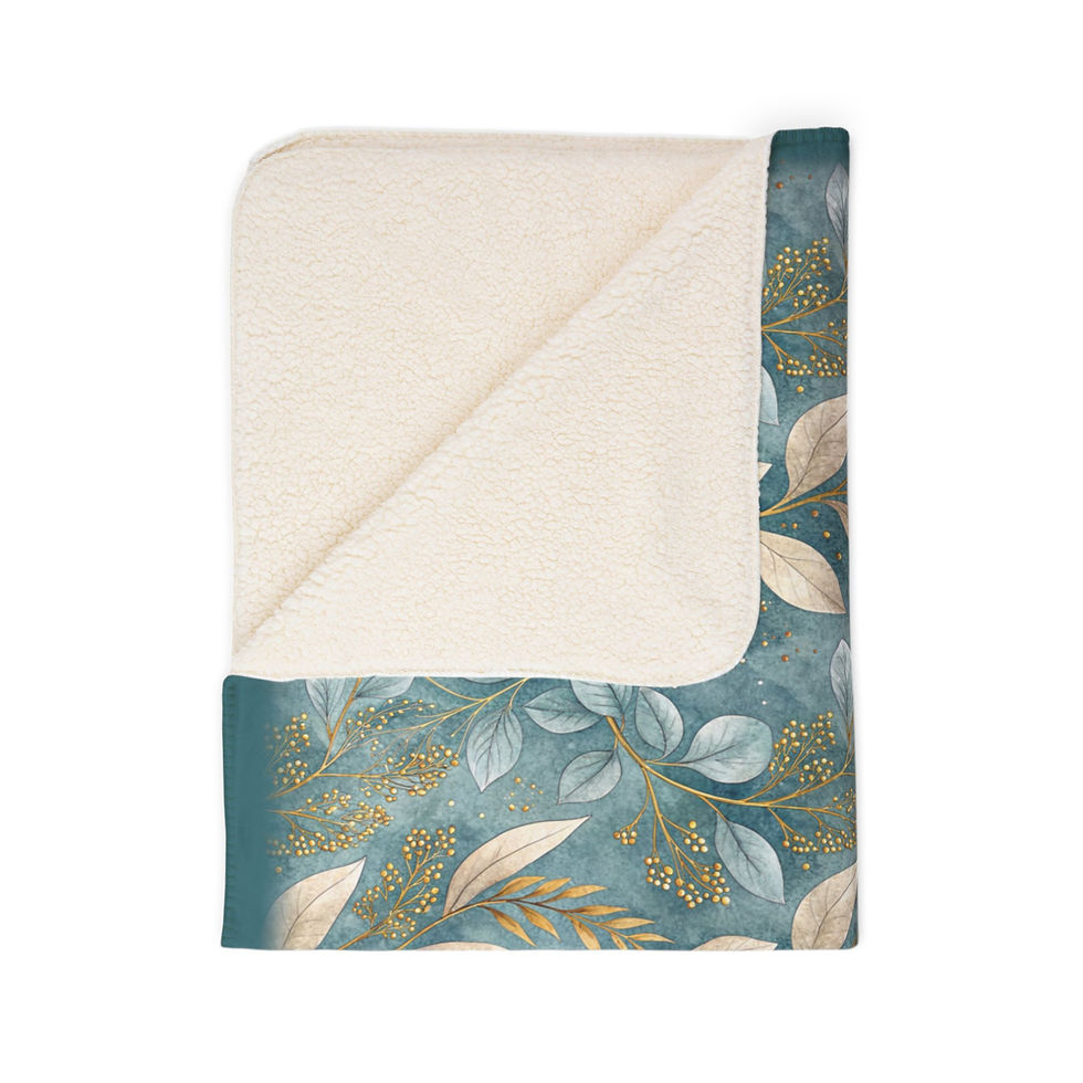 Thumbnail: Cozy blue floral fleece blanket. Boho Rainbows - Fleece Sherpa Blanket with gold and white accents.