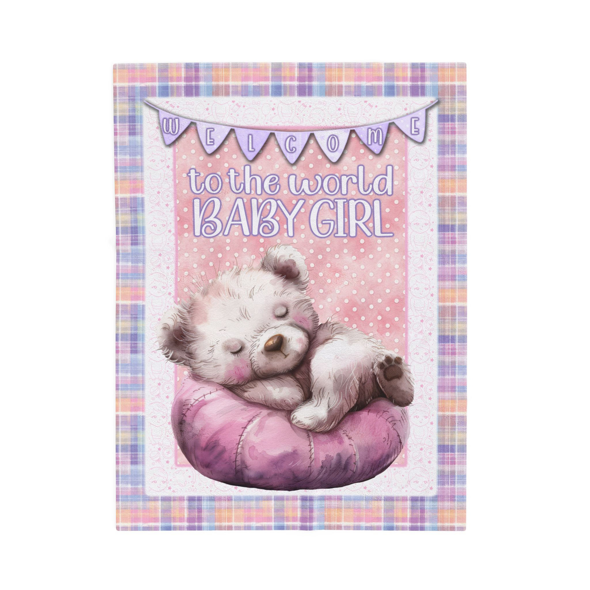 Welcome To the World Baby Girl Velveteen Throw with Sleeping Bear on Pillow