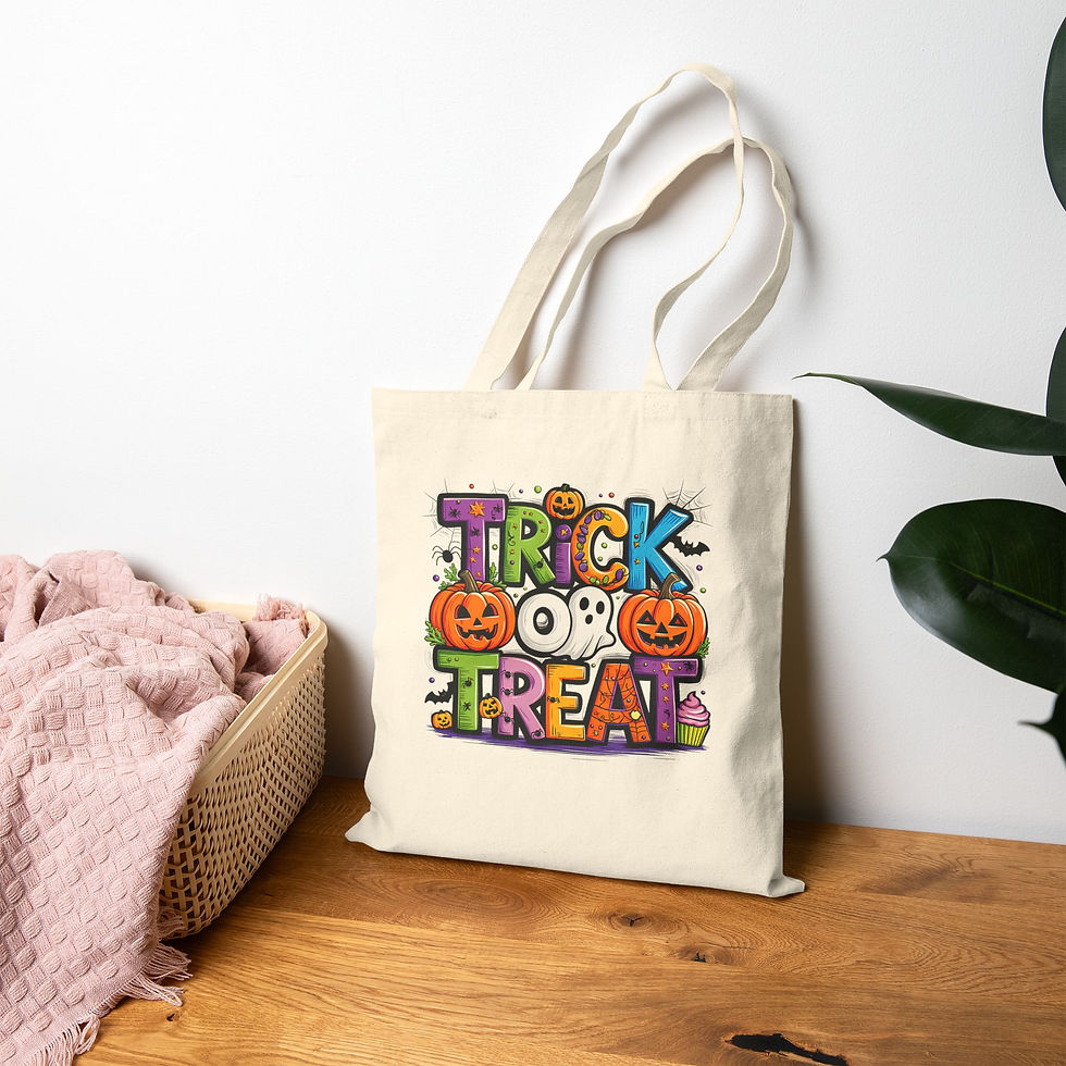 Thumbnail: Halloween tote bag with colorful "Trick or Treat" design and pumpkins.