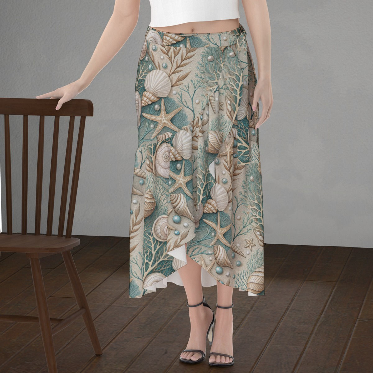 Woman wearing seashell skirt, leaning next to chair, Escape to the Shore