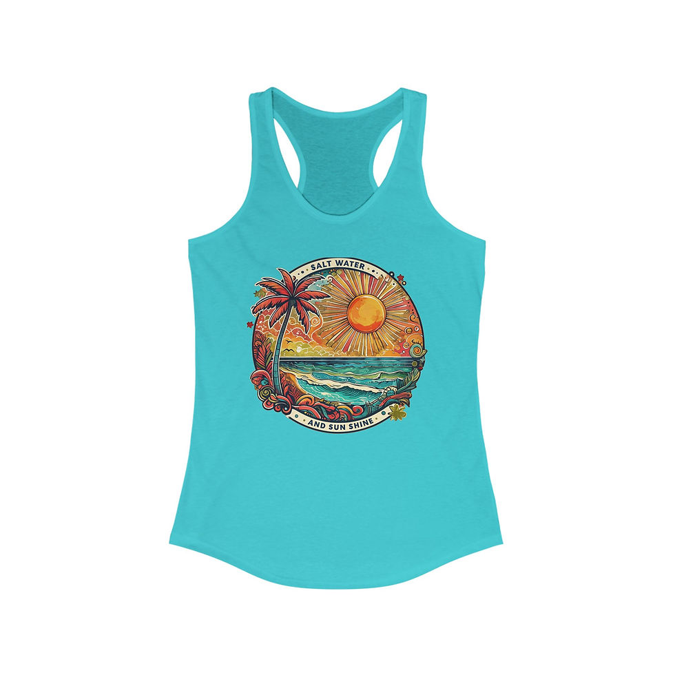 Thumbnail: Turquoise racerback tank top with summer graphic, Sunissed and Happy - Racerback Tank