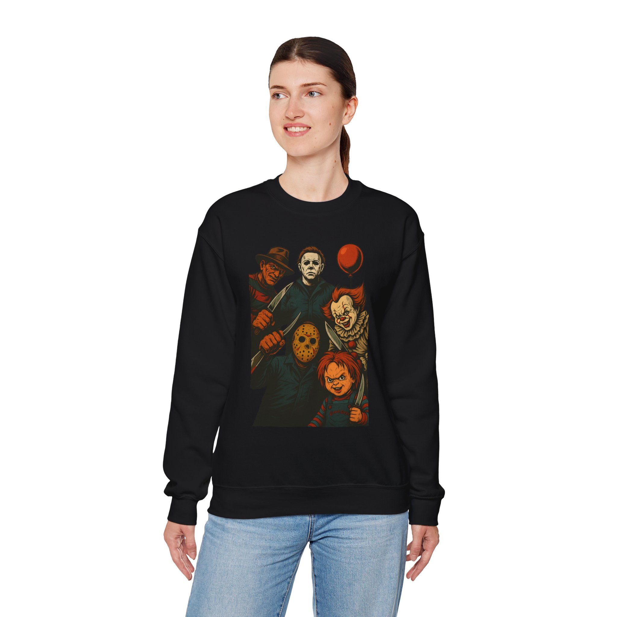 Woman wearing Bubble Toil and Trouble Crewneck Unisex Sweatshirt, Halloween Party Wear with horror characters