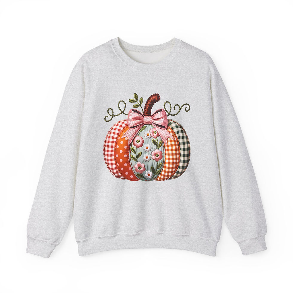 Thumbnail: White sweatshirt displaying a colorful pumpkin with a pink bow and fall theme