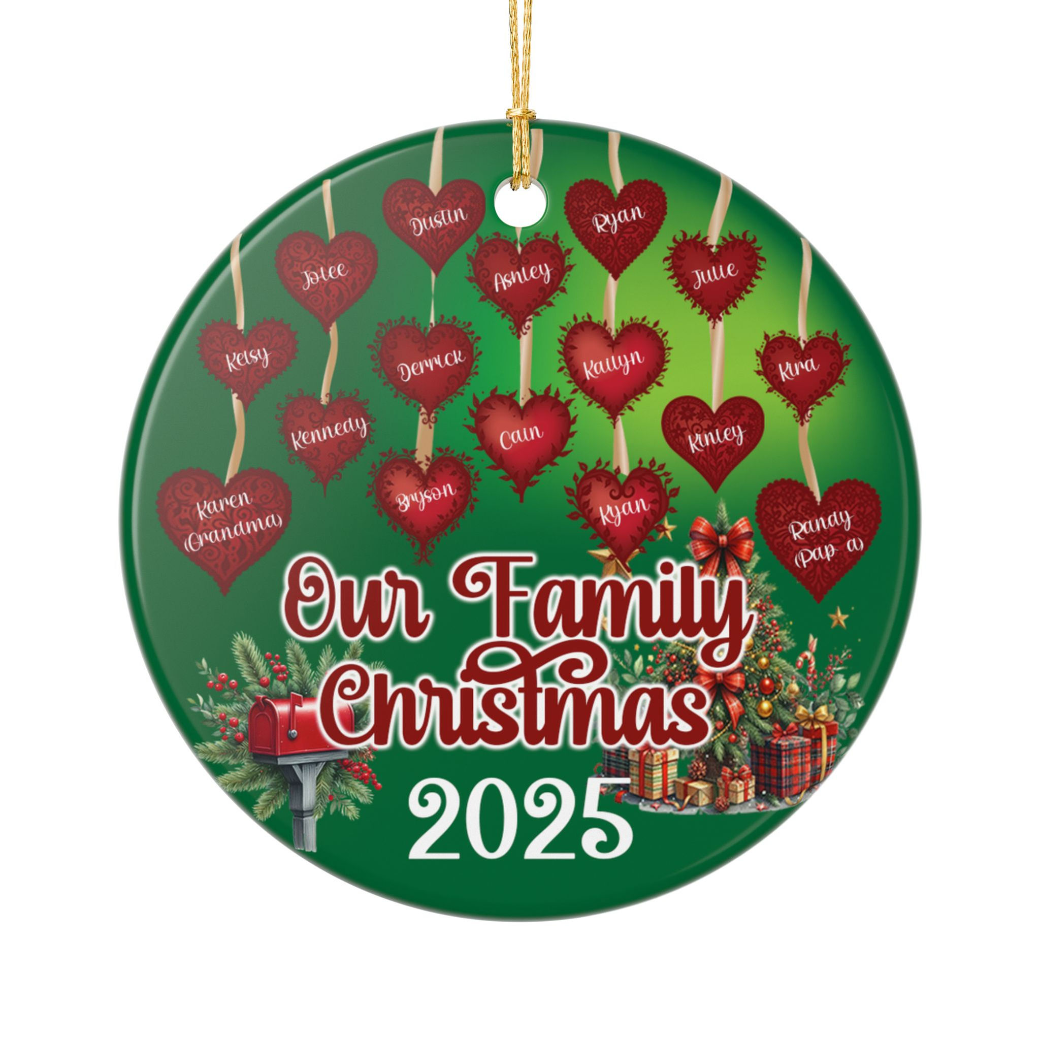 Family Christmas ornament with hearts, names, and text that reads 2025