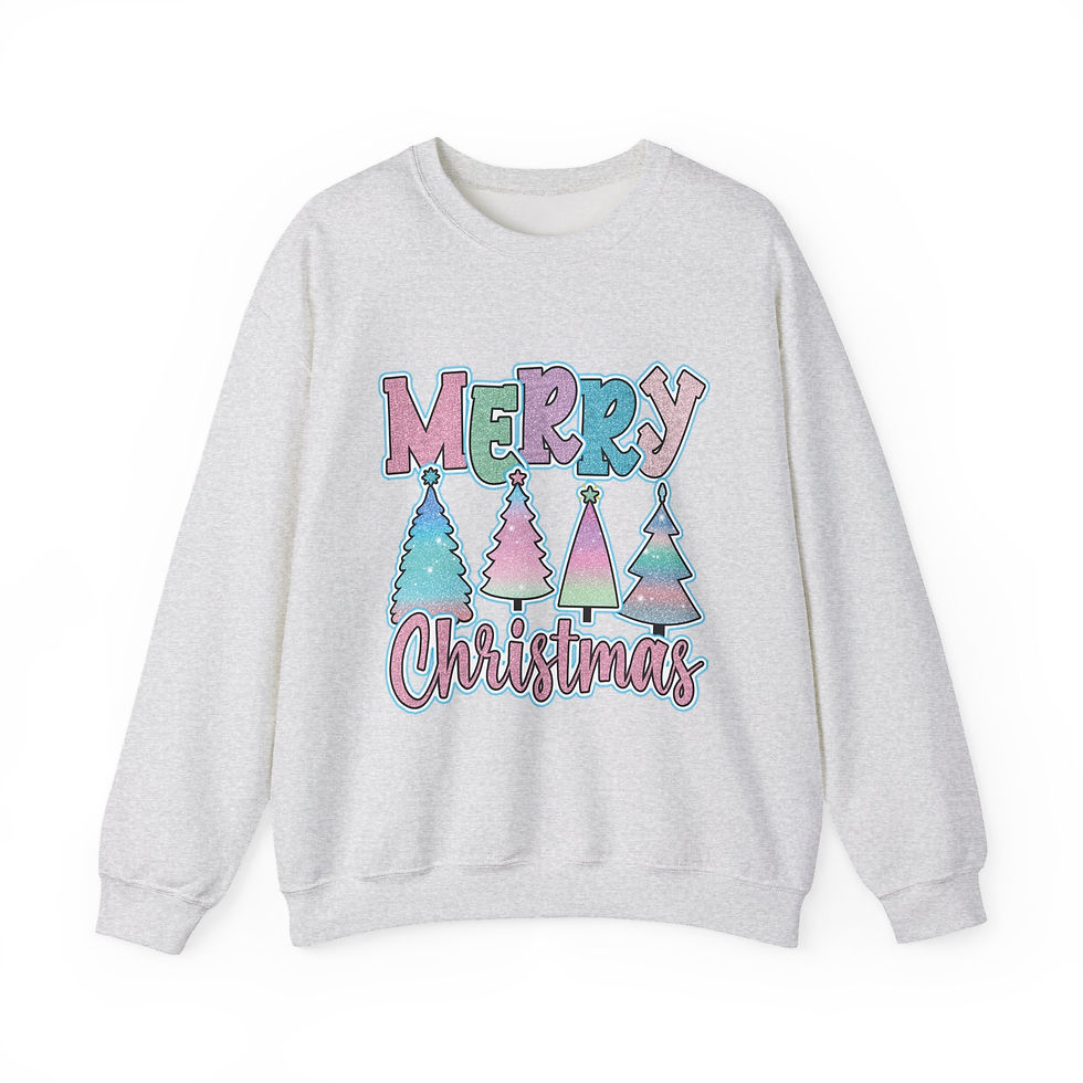 Thumbnail: White sweatshirt with Whimsical Merry Christmas and pastel glitter trees design.