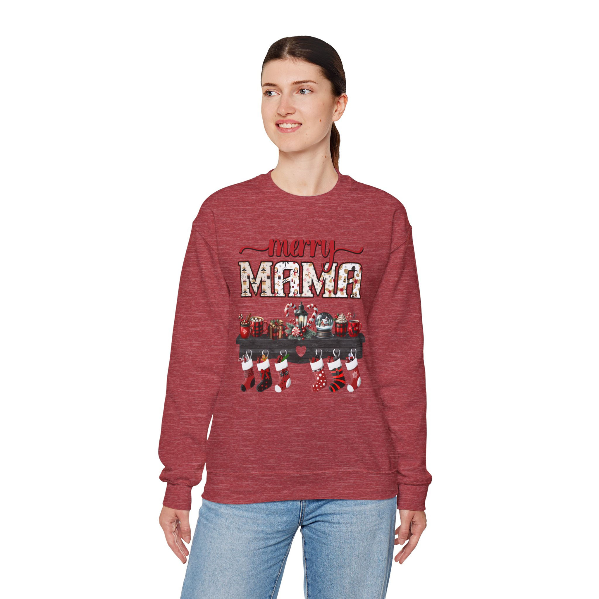 Woman wearing red sweatshirt with