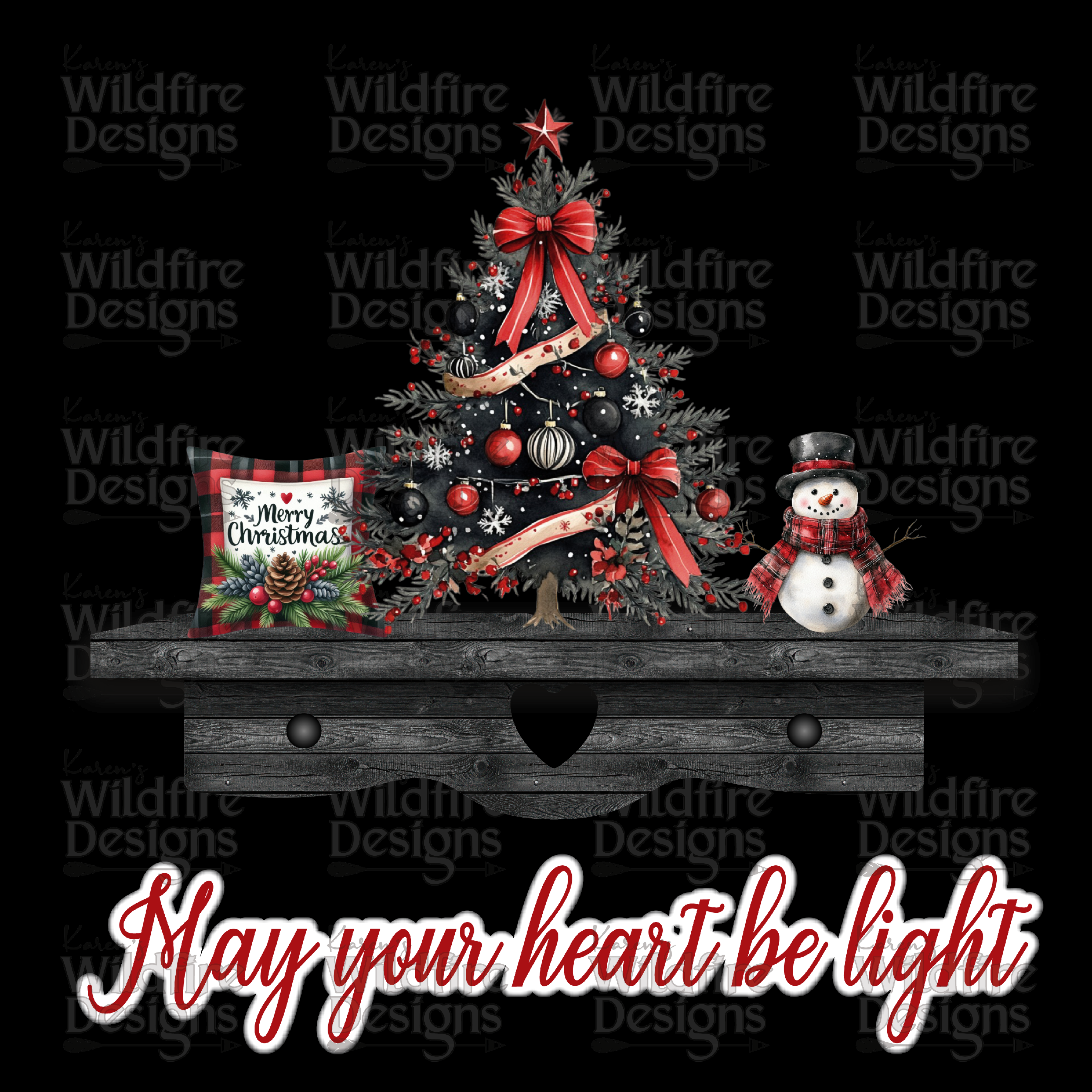 Christmas tree with red bow, text: May your heart be light, Wildfire Designs.