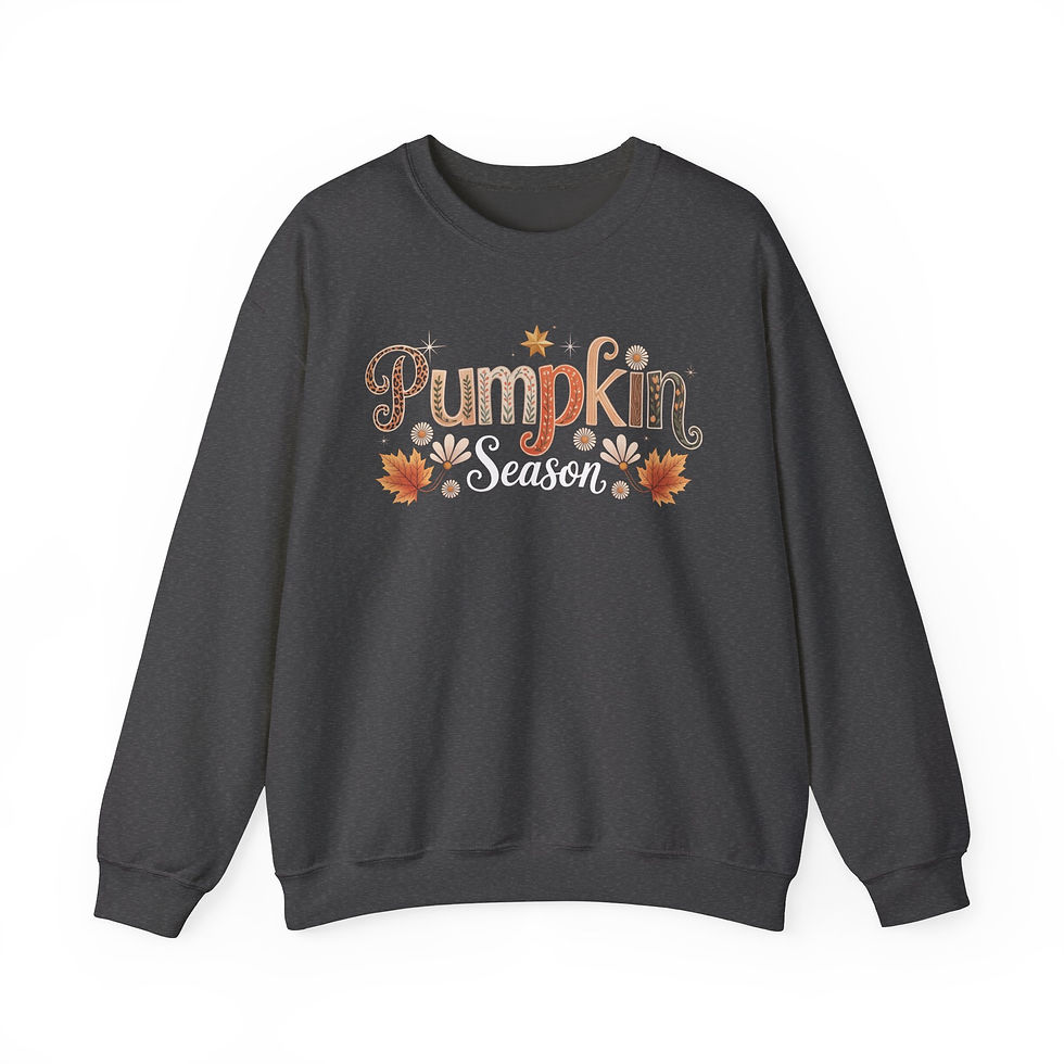 Thumbnail: Dark gray sweatshirt with 'Pumpkin Season' text and autumn floral design.