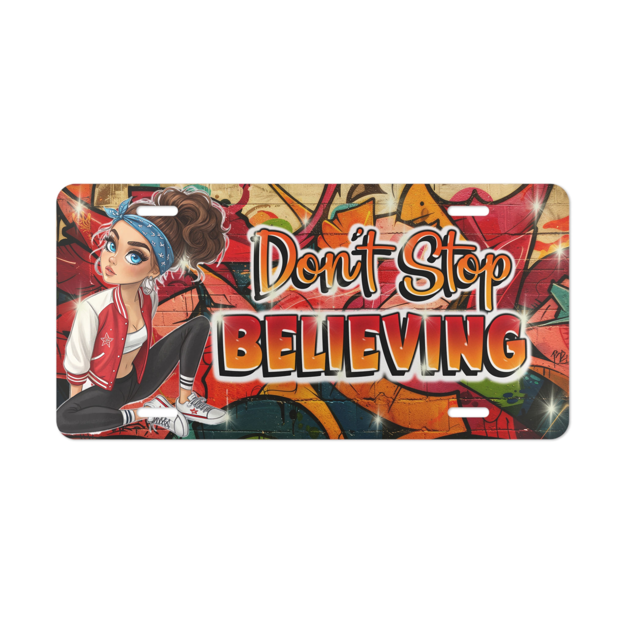 Don't Stop Believing Vanity Plate wAirbrush Effect, Custom Car Decor