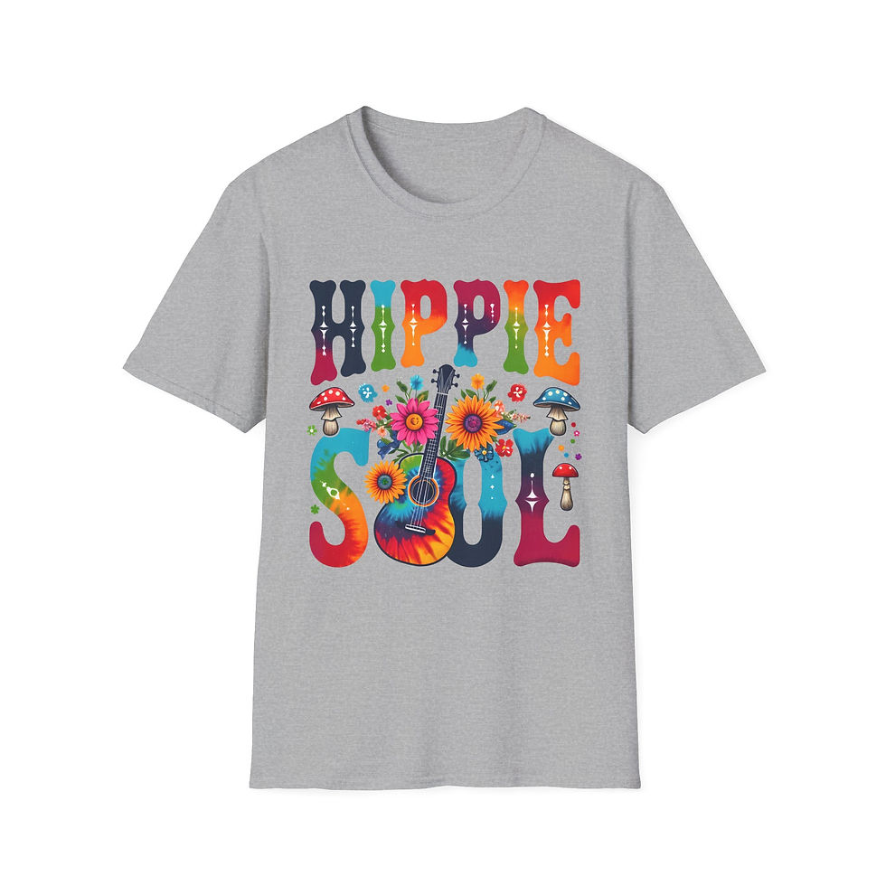 Thumbnail: Gray t-shirt with Hippie Soul graphic. Colorful design with guitar.