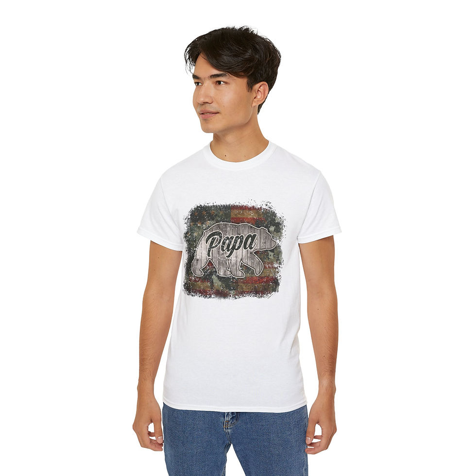 Thumbnail: Young man wearing white Papa graphic tee shirt posing for photo.