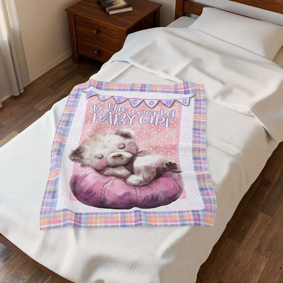 Thumbnail: Welcome To the World Baby Girl Velveteen Throw with Sleeping Bear on Pillow