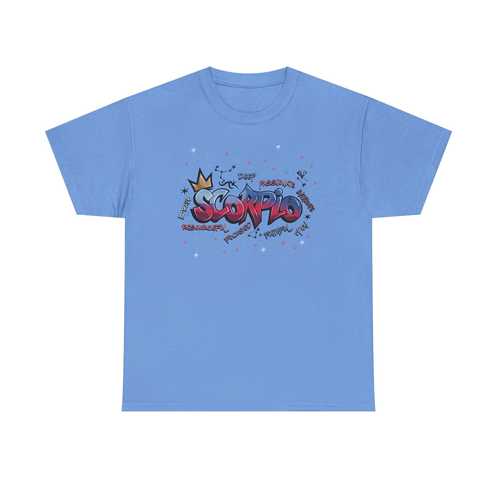 Thumbnail: Light blue t-shirt with graffiti art reading 