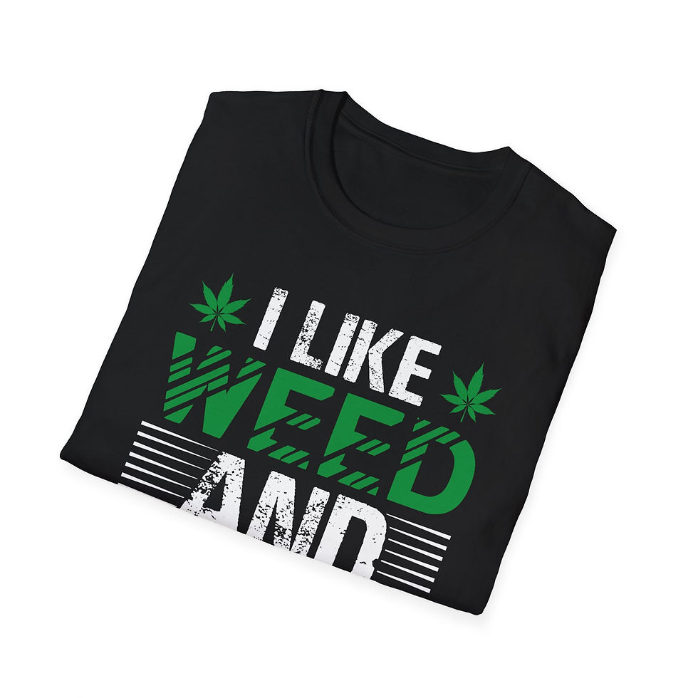 Thumbnail: Black t-shirt with I LIKE WEED AND design, cannabis leaves present.