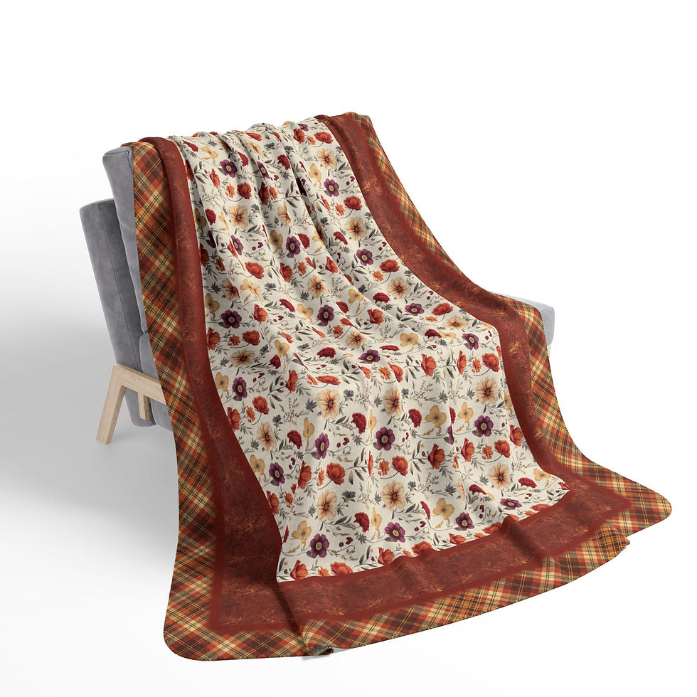 Thumbnail: Floral blanket draped over chair, detailed plaid border background, soft cozy design.