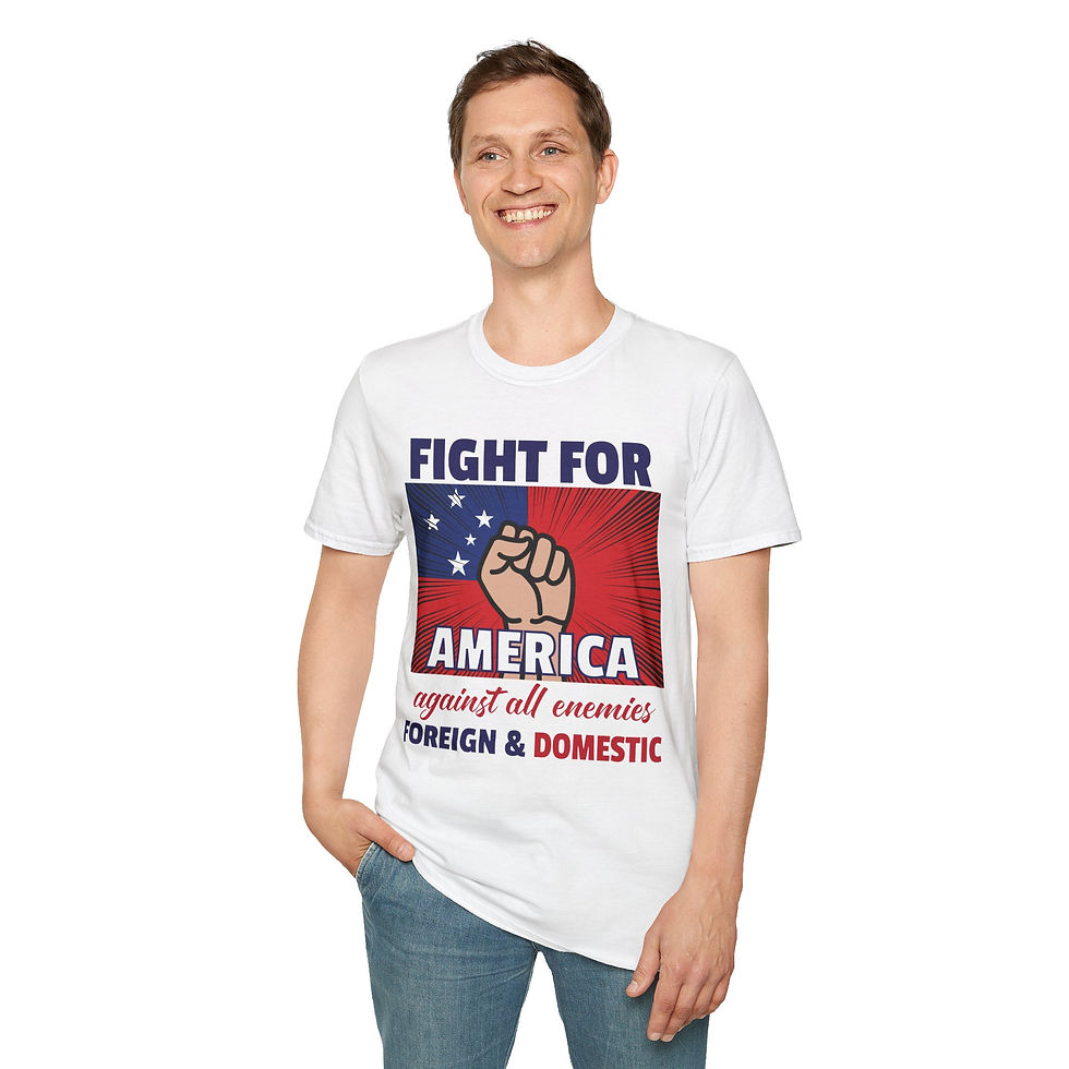 Thumbnail: Man wearing a white tee shirt with "FIGHT FOR AMERICA" graphic text.