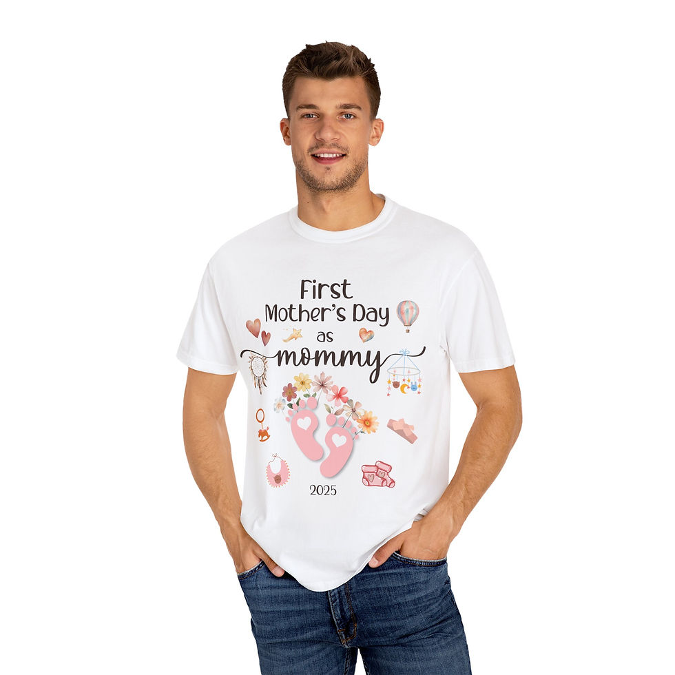 Thumbnail: Man wearing a white shirt with "First Mother's Day" graphic, standing and smiling.