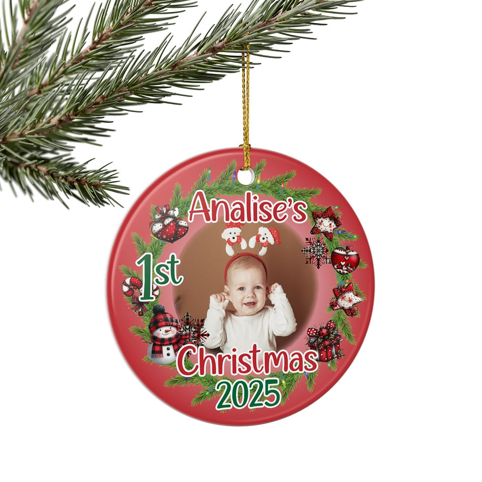 Thumbnail: Annalise's 1st Christmas 2025 ornament with baby photo. Ceramic keepsake.