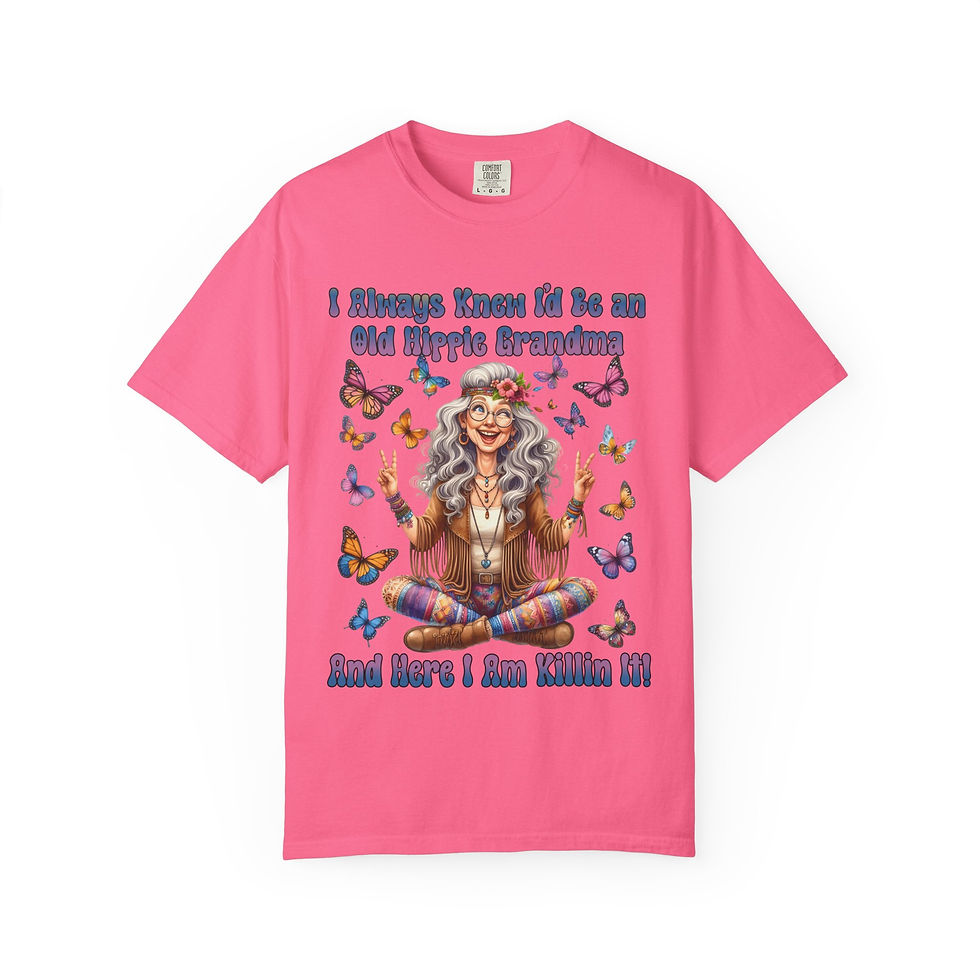 Thumbnail: Pink t-shirt with text and a cartoon image of an old hippie meditating.