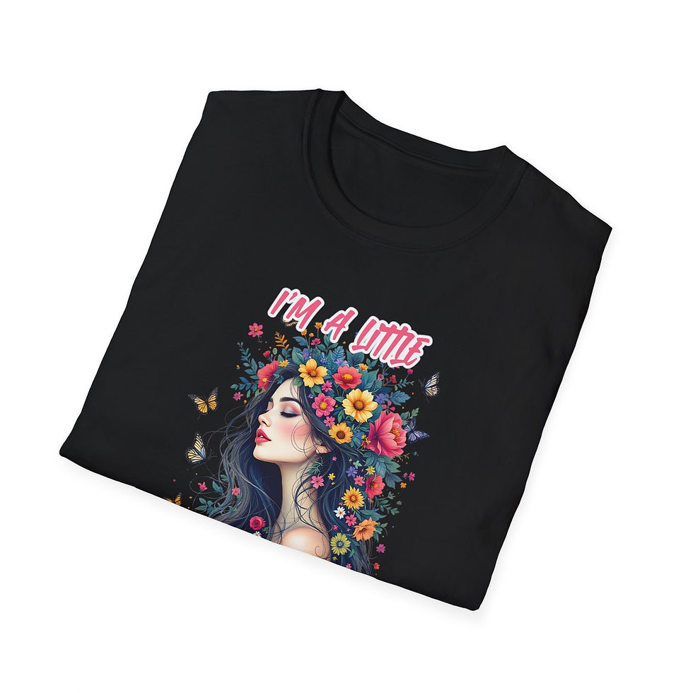 Thumbnail: Black t-shirt with design: I'M A LITTLE, woman and floral background.