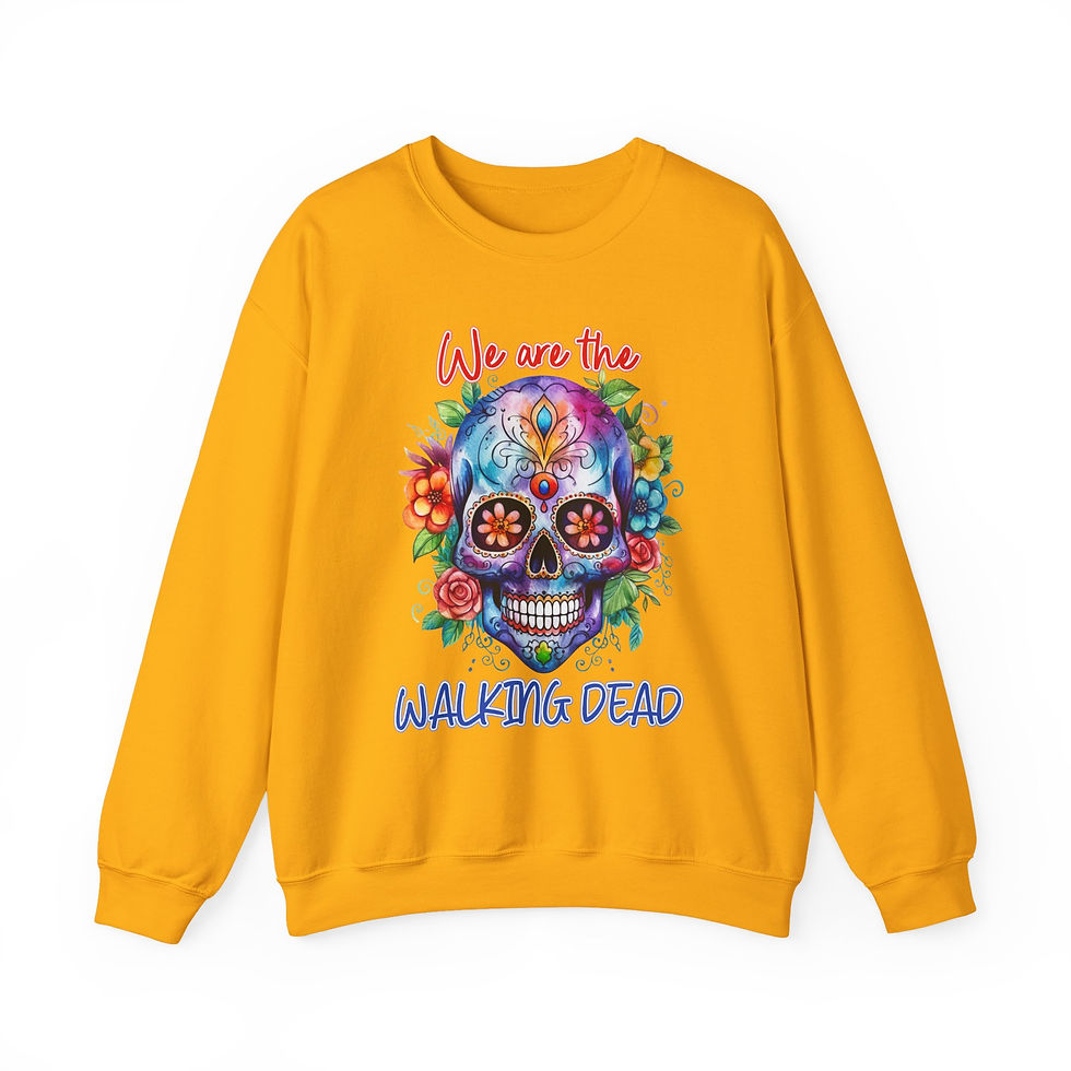 Thumbnail: Golden sweatshirt with skull design and text, "Walkind Dead" on white background.