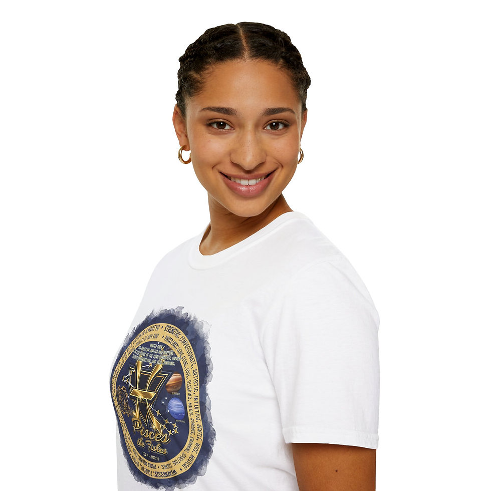 Thumbnail: Smiling woman wearing white tee with an art design Valentine Vibes Tee and gold earrings