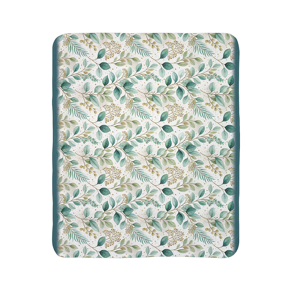Thumbnail: Floral pattern Eucalyptus on Cream - Fleece Sherpa Blanket with teal border on white background