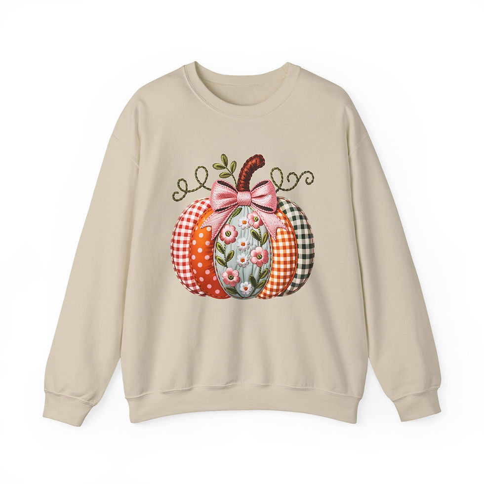 Thumbnail: Beige sweatshirt with pumpkin design, pink bow, floral details, on white background.