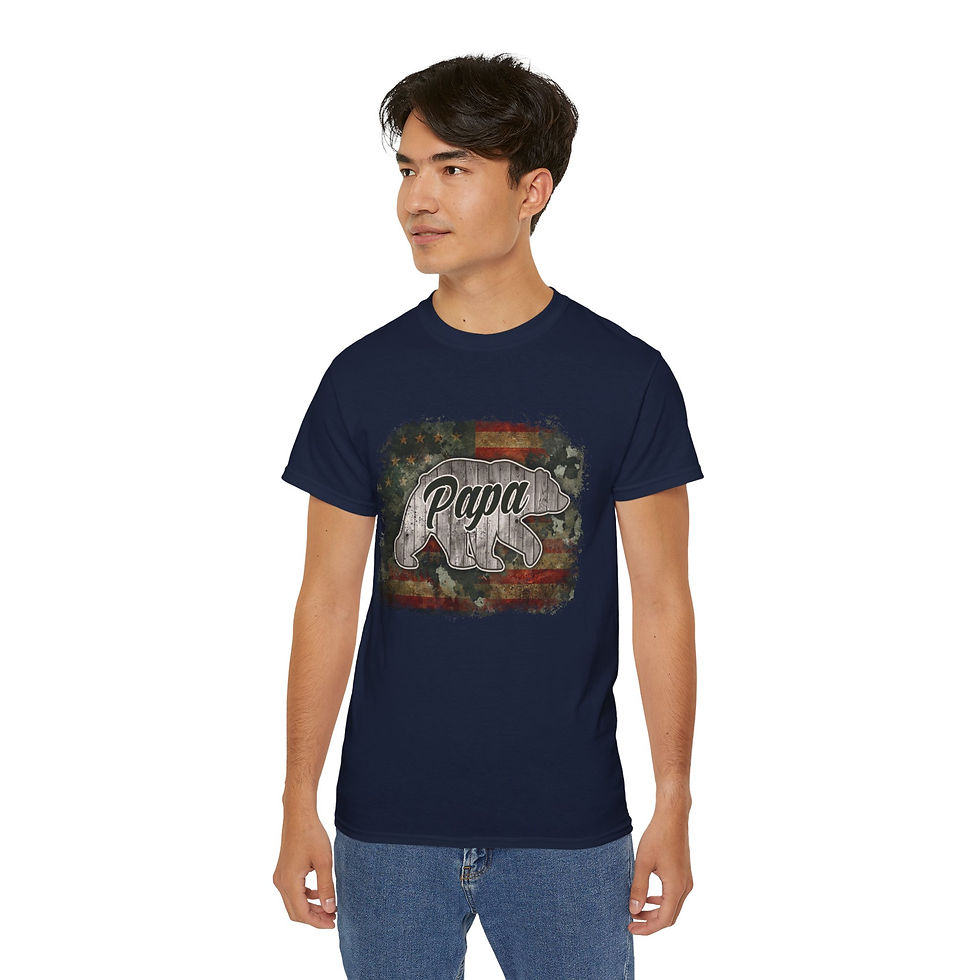 Thumbnail: Man wearing navy Papa bear tee shirt with graphic design