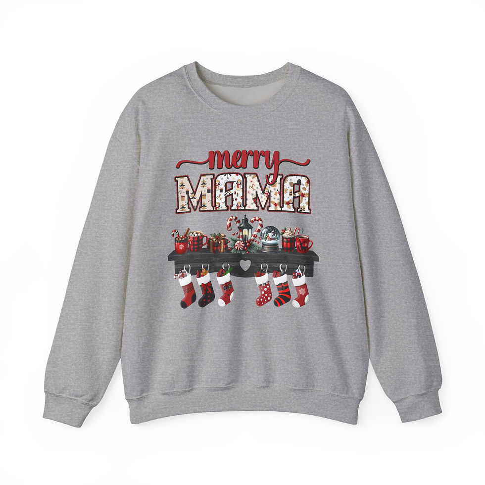 Thumbnail: Gray sweatshirt with merry MAMA text design and Christmas stockings.