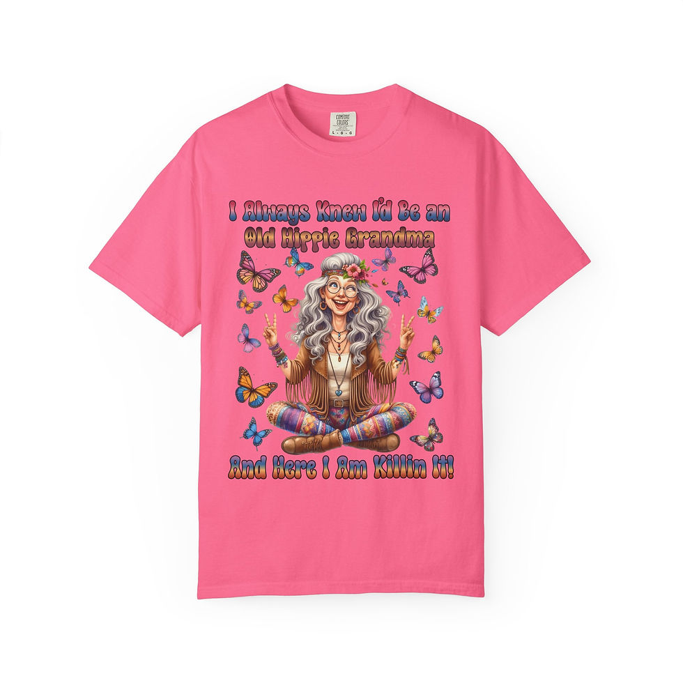 Thumbnail: Pink t-shirt with a colorful graphic of a meditating woman and butterflies