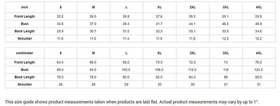Thumbnail: Size chart with measurements in inches for various clothing sizes.