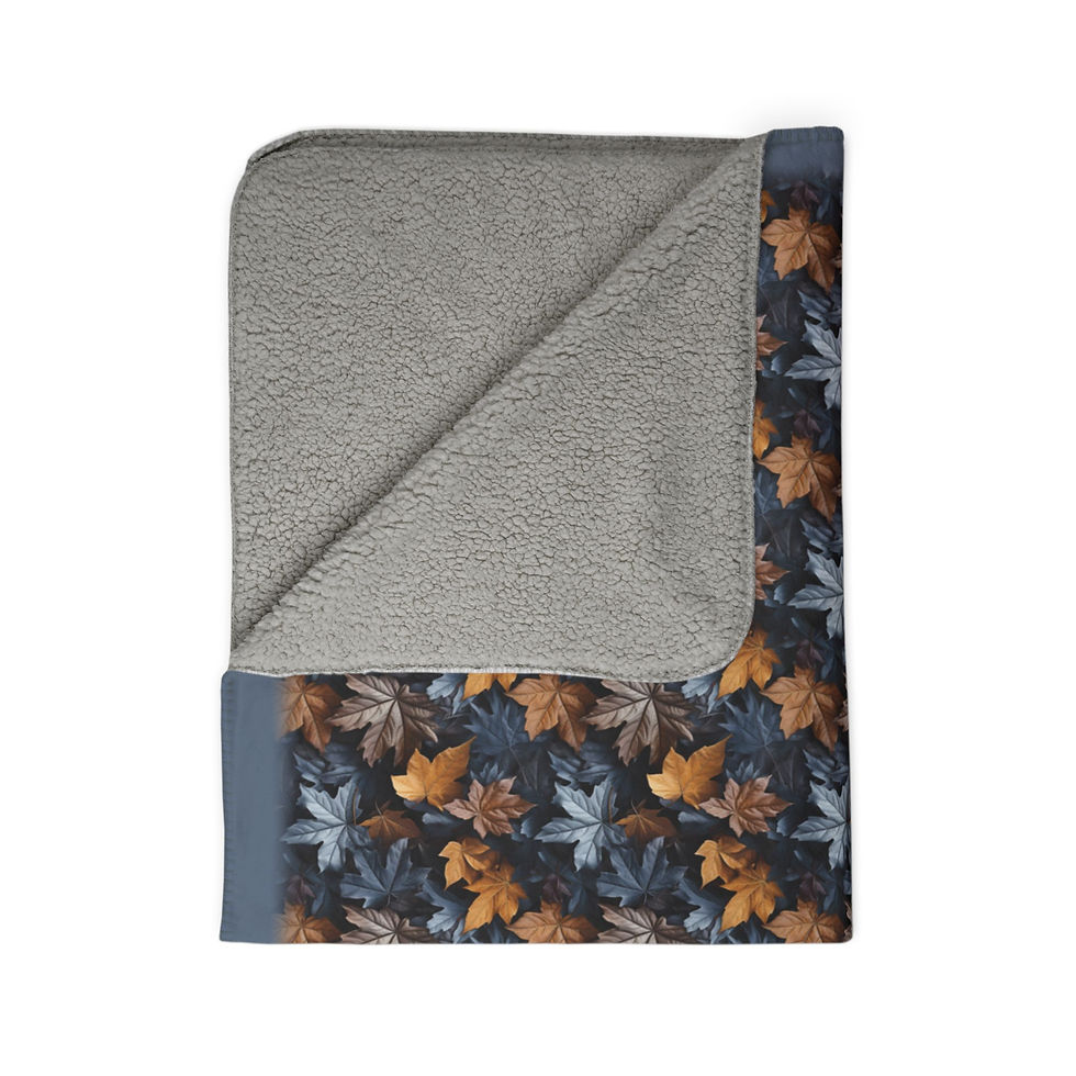 Thumbnail: Cozy blanket with a blue and autumn leaves pattern, soft sherpa interior